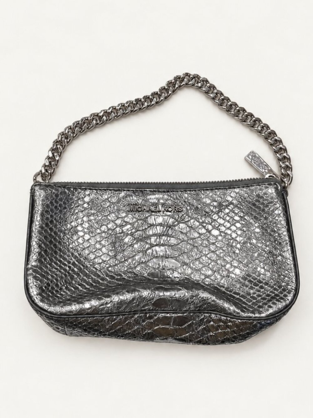 Michael Kors Metallic Silver Snake-Embossed Chain Strap Shoulder Bag
